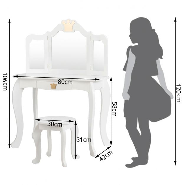 Kids Vanity Table Set with Stool, Tri-Fold Mirror, Drawer