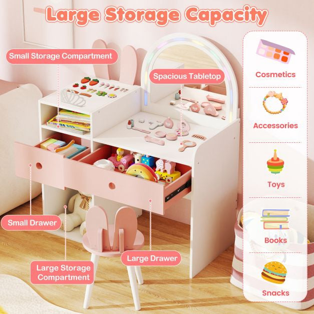 Kids Vanity Table With Lighted Mirror, Shelves, Chair
