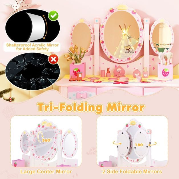 Kids Vanity Table and Chair Set, 2-in-1 Desk, Mirror, Storage