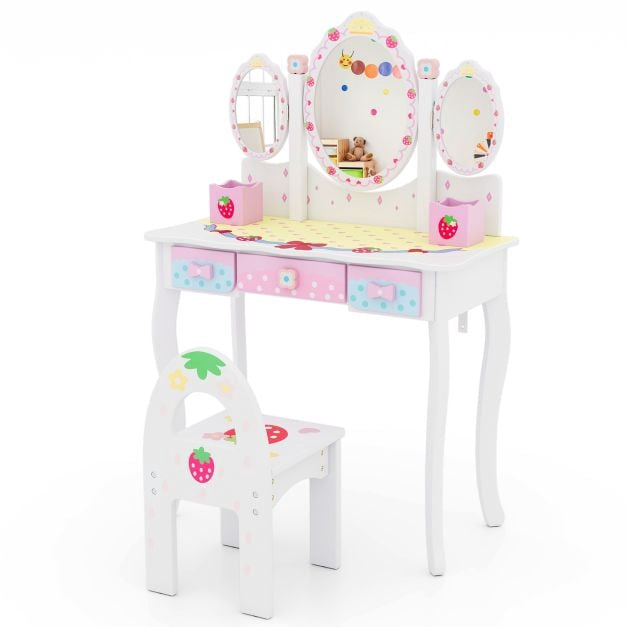 Kids Vanity Table and Chair Set, 2-in-1 Desk, Mirror, Storage