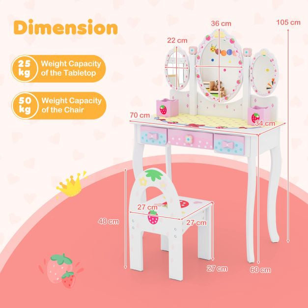 Kids Vanity Table and Chair Set, 2-in-1 Desk, Mirror, Storage