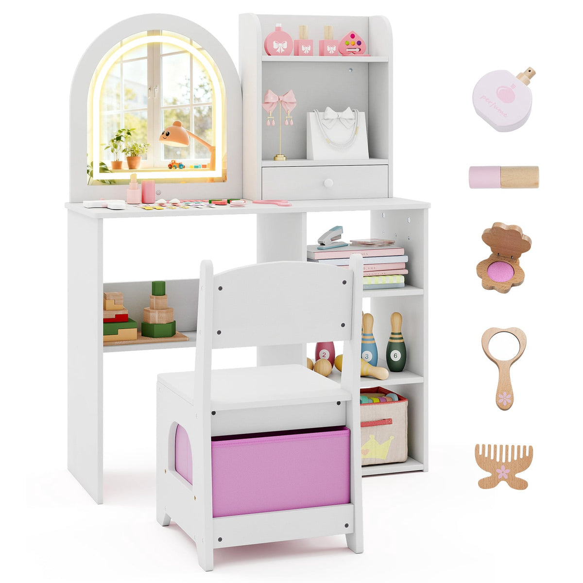 Kids Vanity Table and Chair Set, 3-Color Lighted Mirror