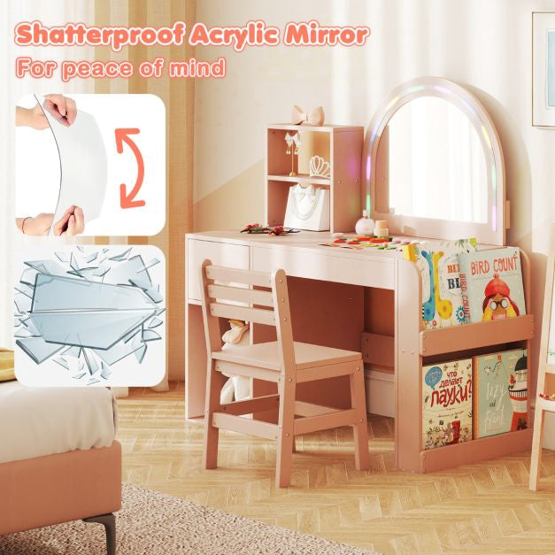 Kids Vanity Table and Chair Set, Lighted Mirror, Pink