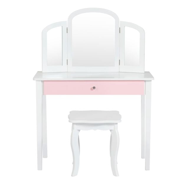 Kids Vanity Table and Stool Set, Tri-Fold Mirror, White
