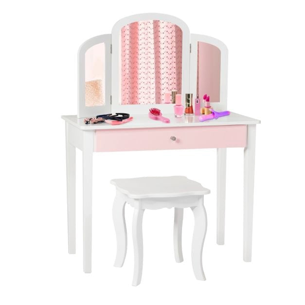 Kids Vanity Table and Stool Set, Tri-Fold Mirror, White