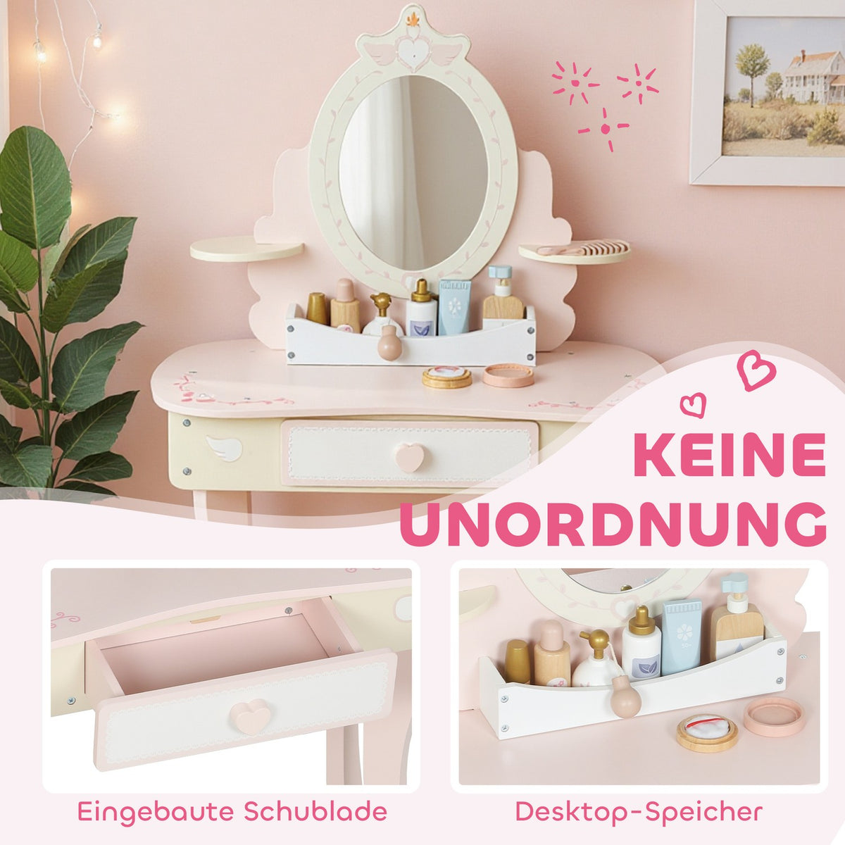 Kids Vanity Table with Chair, Drawer, Detachable Mirror