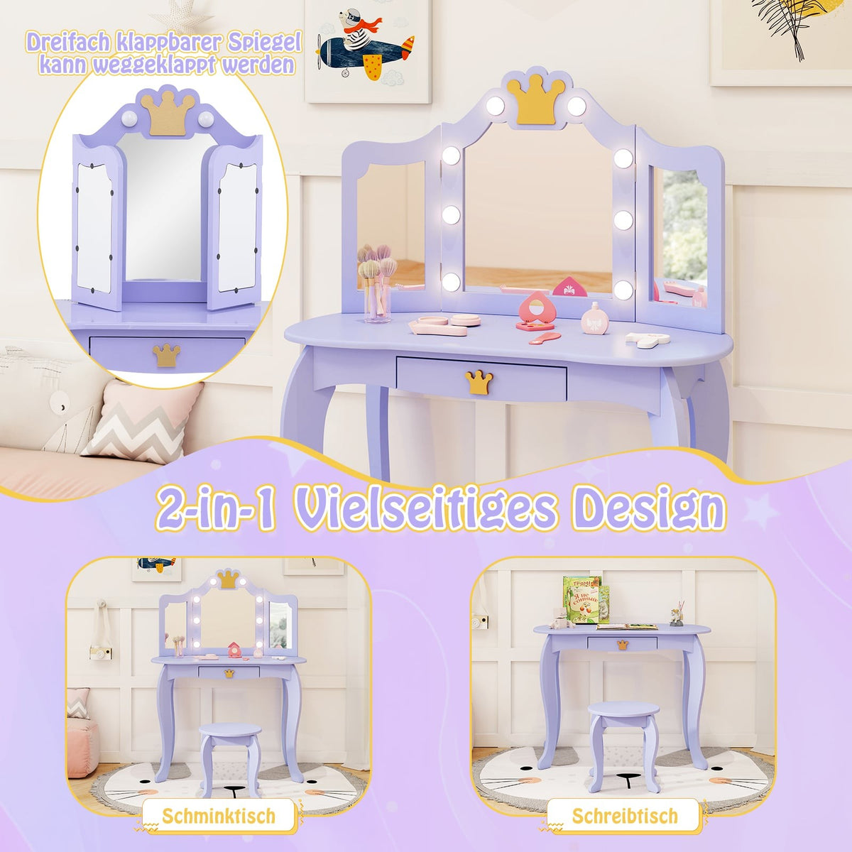 Kids Vanity Table with Lights, Tri-Fold Mirror, Purple