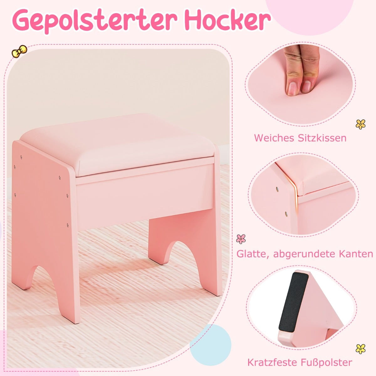 Kids Vanity Table with Mirror, Light & Stool – Pink
