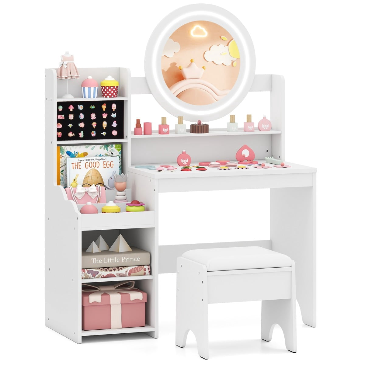 Kids Vanity Table with Mirror & Light, White, Storage & Stool