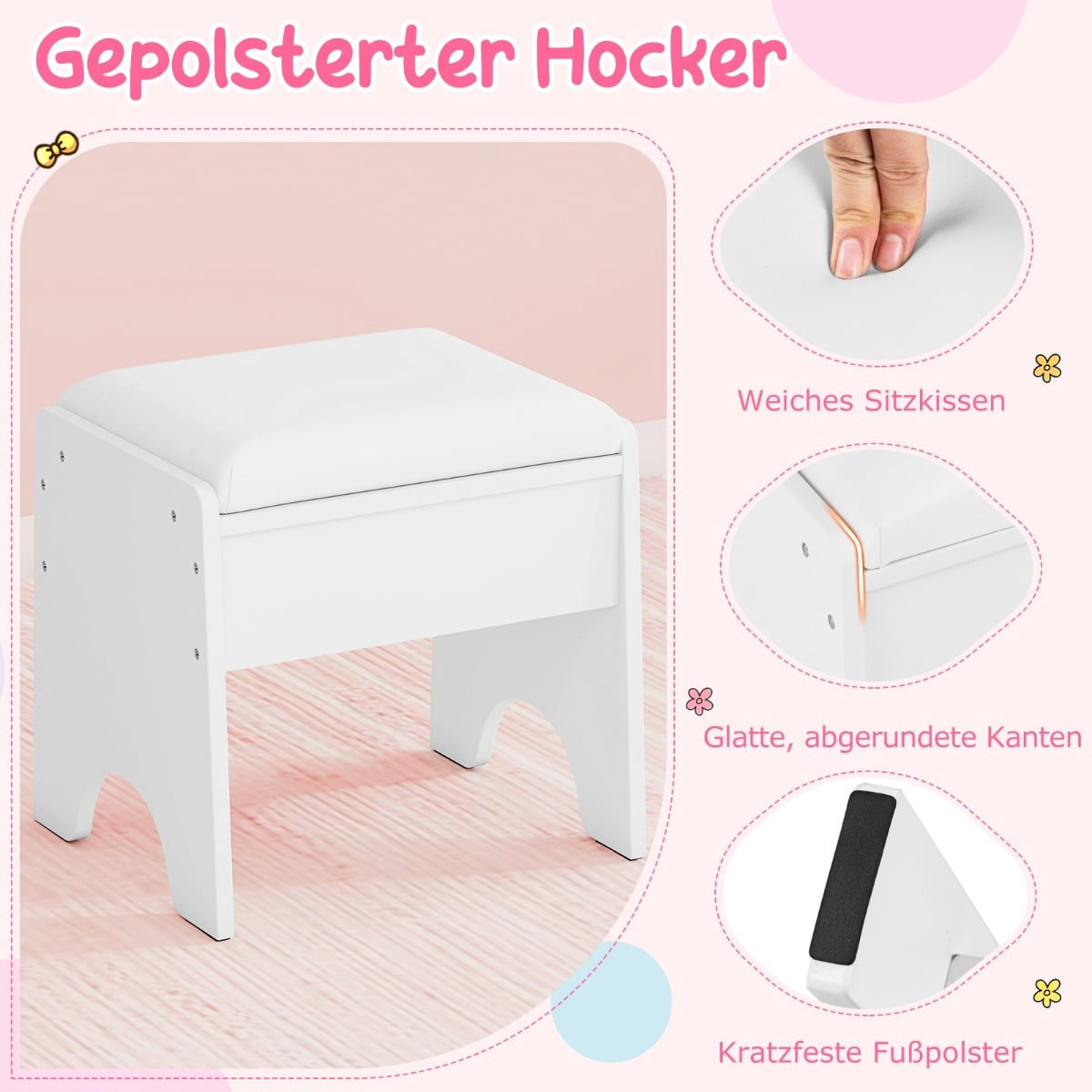 Kids Vanity Table with Mirror & Light, White, Storage & Stool