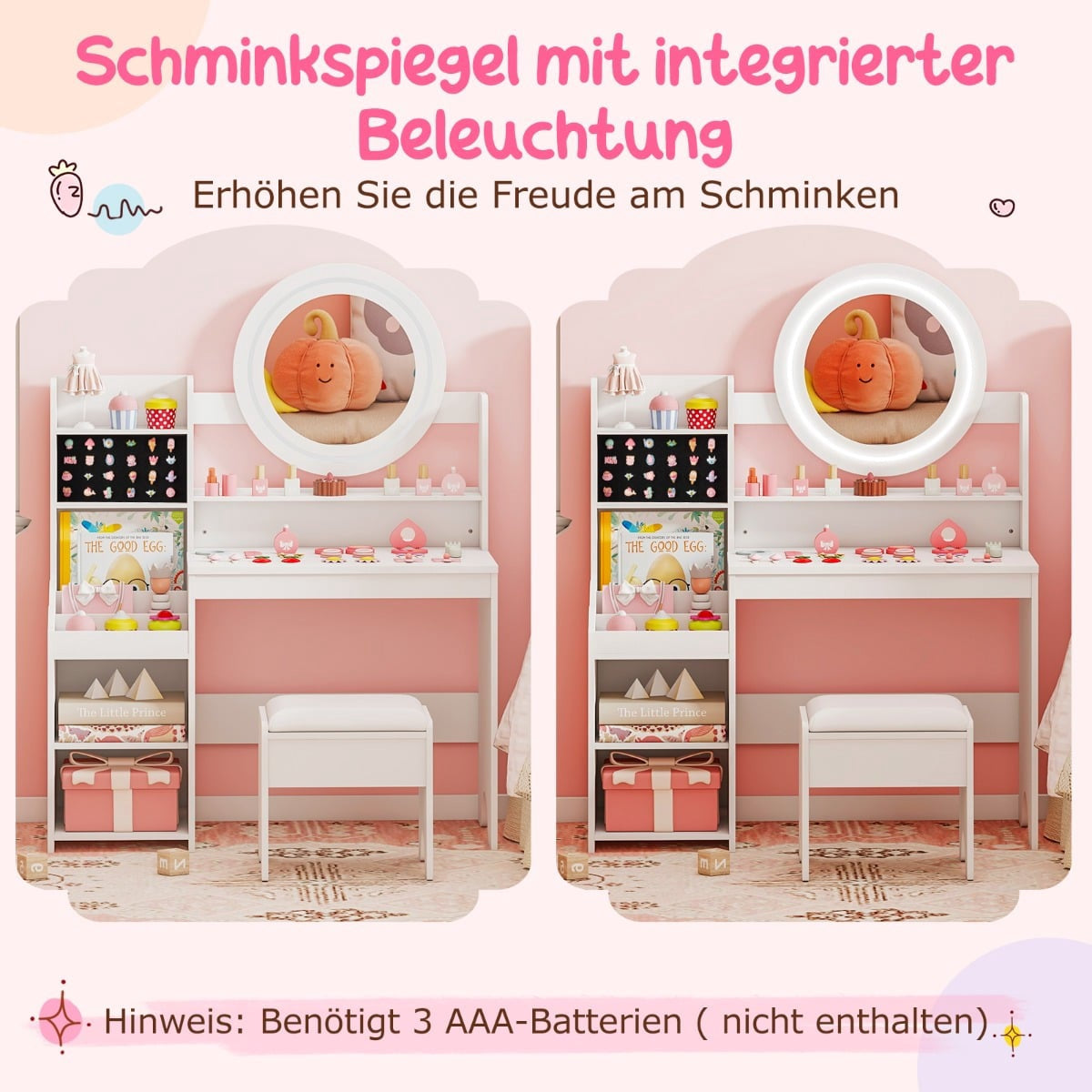 Kids Vanity Table with Mirror & Light, White, Storage & Stool