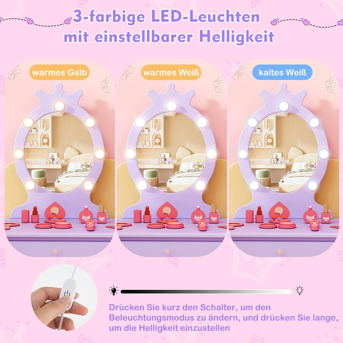 Kids Vanity Table with Removable Mirror & LED Lights