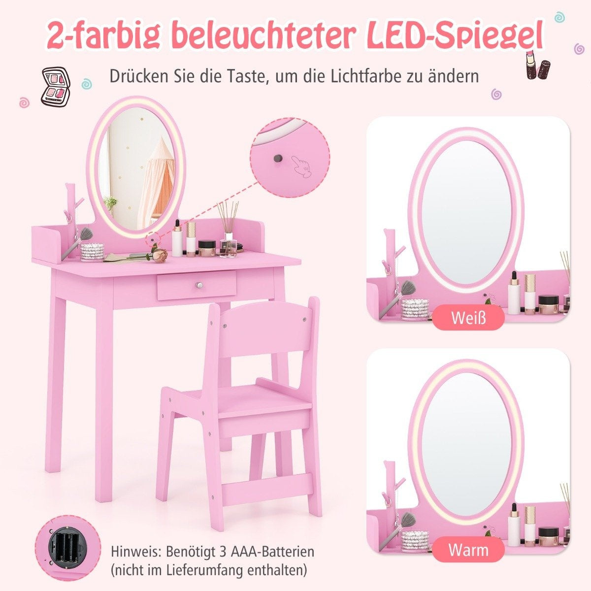 Kids Vanity Table with Stool, LED Mirror, Storage