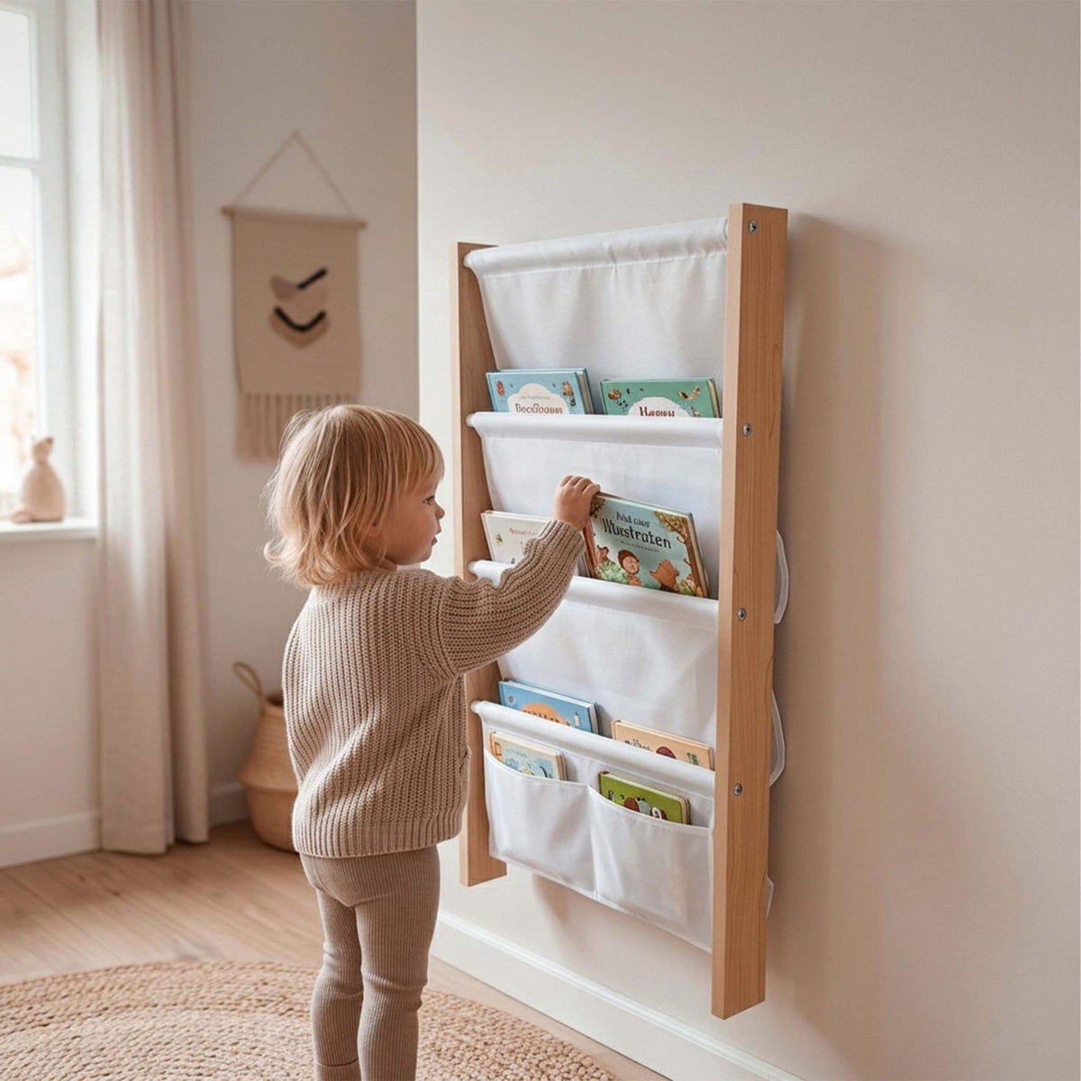 Kids' Wall Bookshelf with Fabric Pockets, MDF & Polyester
