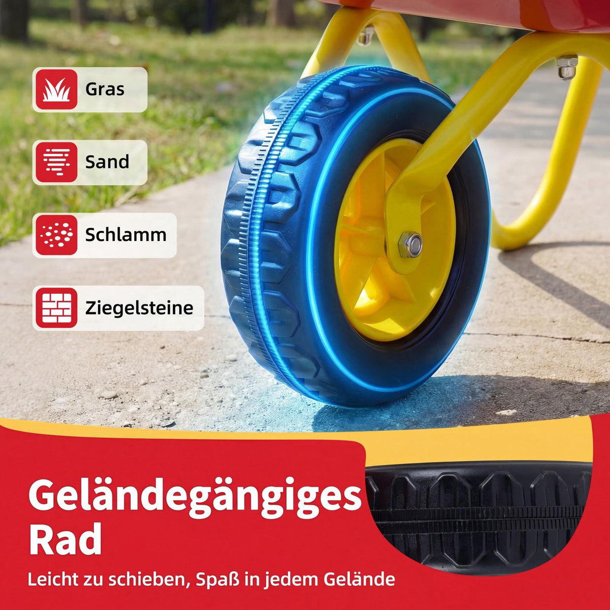 Kids Wheelbarrow with Off-Road Tire, Red & Yellow, Ages 3+