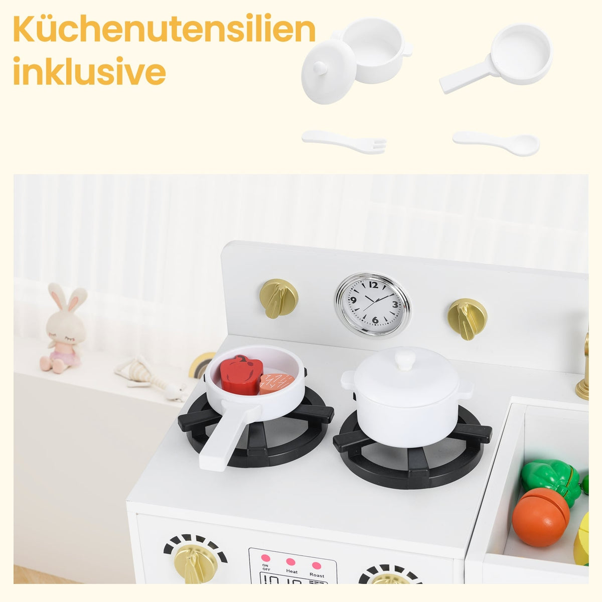 Kids Wooden Play Kitchen Set with Sink & Ice Maker
