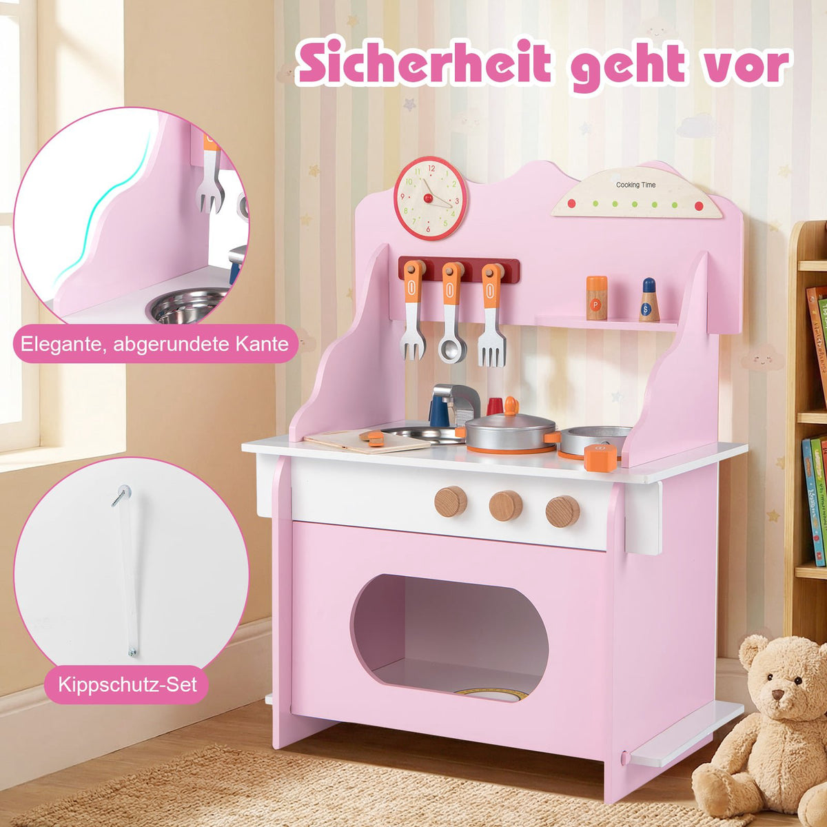 Kids Wooden Play Kitchen with Accessories – Pink