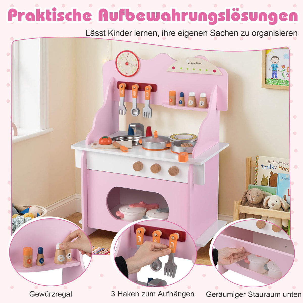 Kids Wooden Play Kitchen with Accessories – Pink