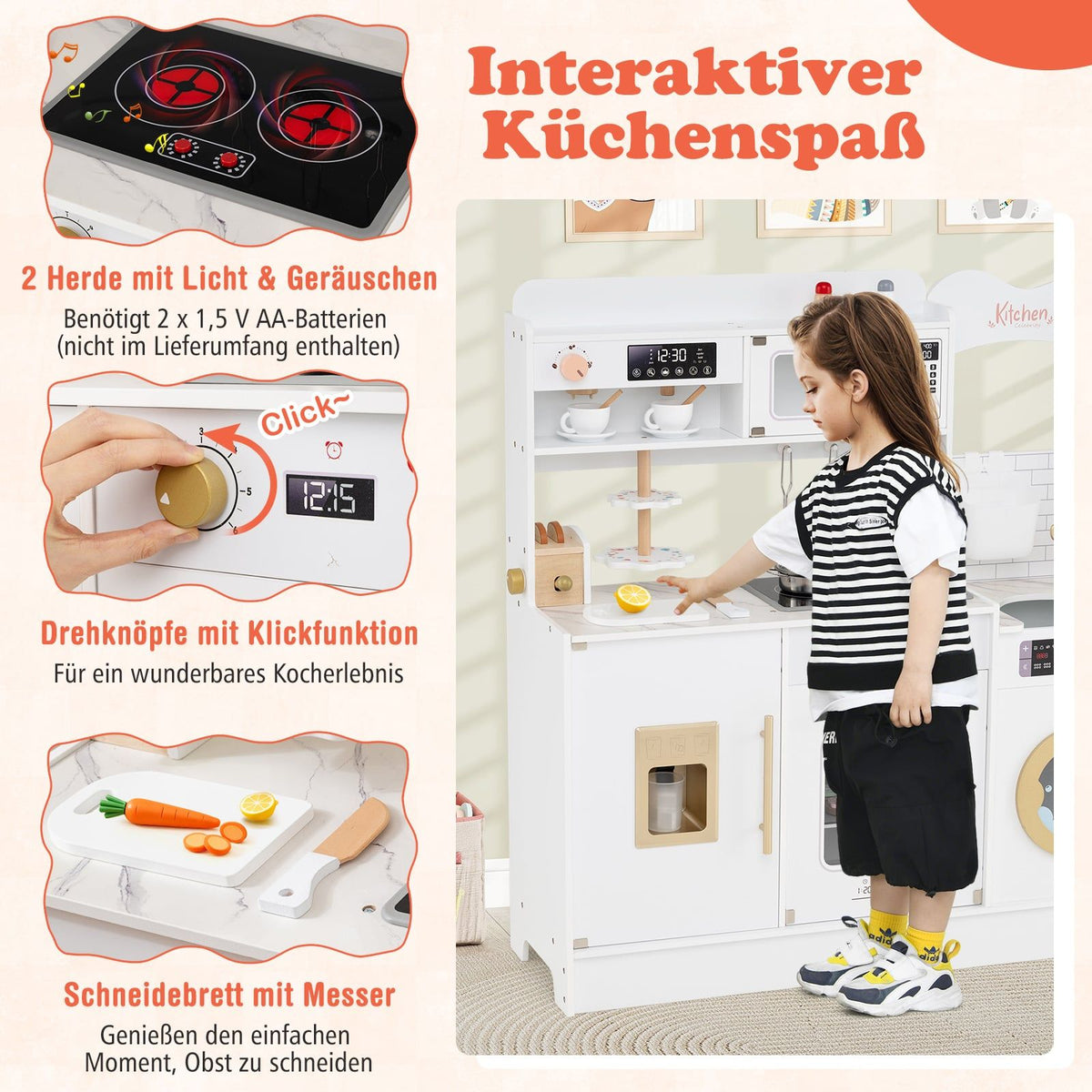 Kids Wooden Play Kitchen with Light & Sound, 25 Accessories
