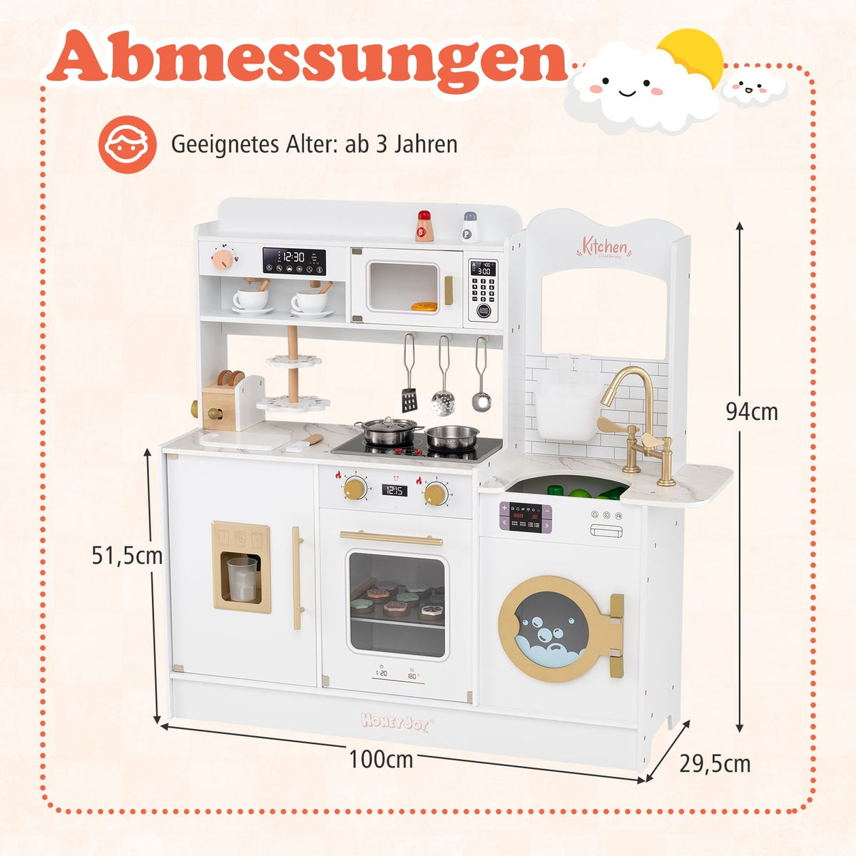 Kids Wooden Play Kitchen with Light & Sound, 25 Accessories