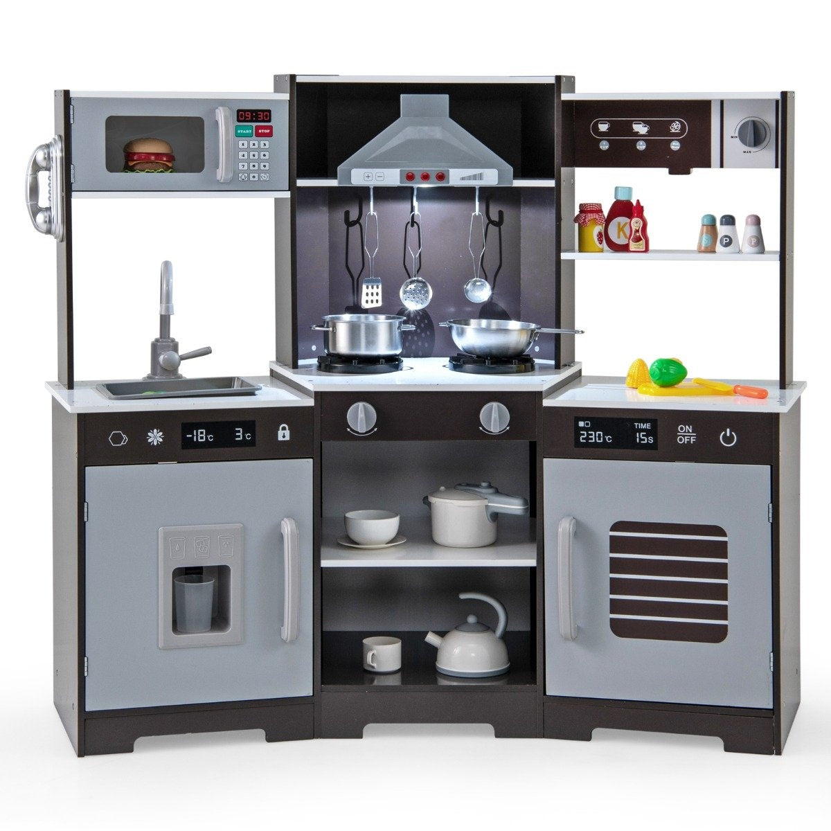 Kids Wooden Play Kitchen with Lights & Sounds, Brown