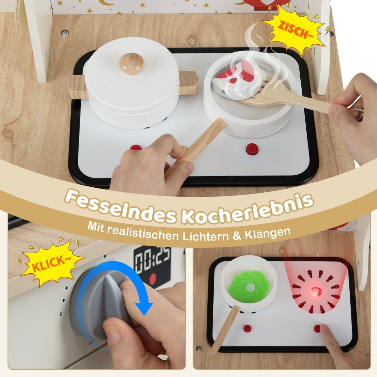 Kids' Wooden Play Kitchen with Sink & LED Stove