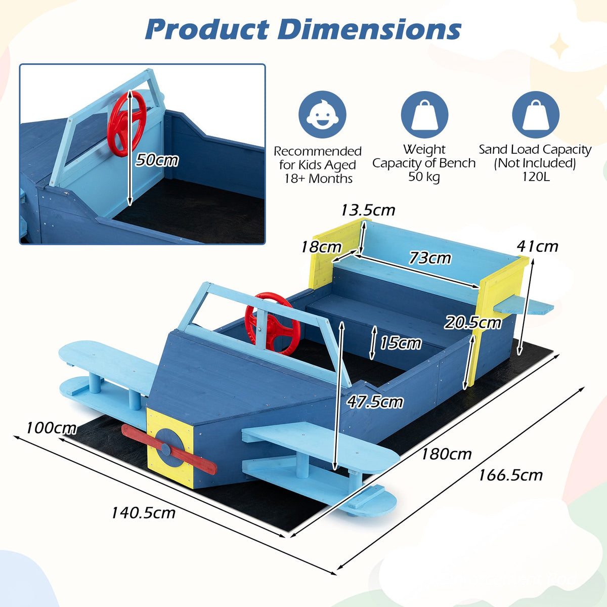 Kids Wooden Sandbox With Bottom Liner And Bench, Blue