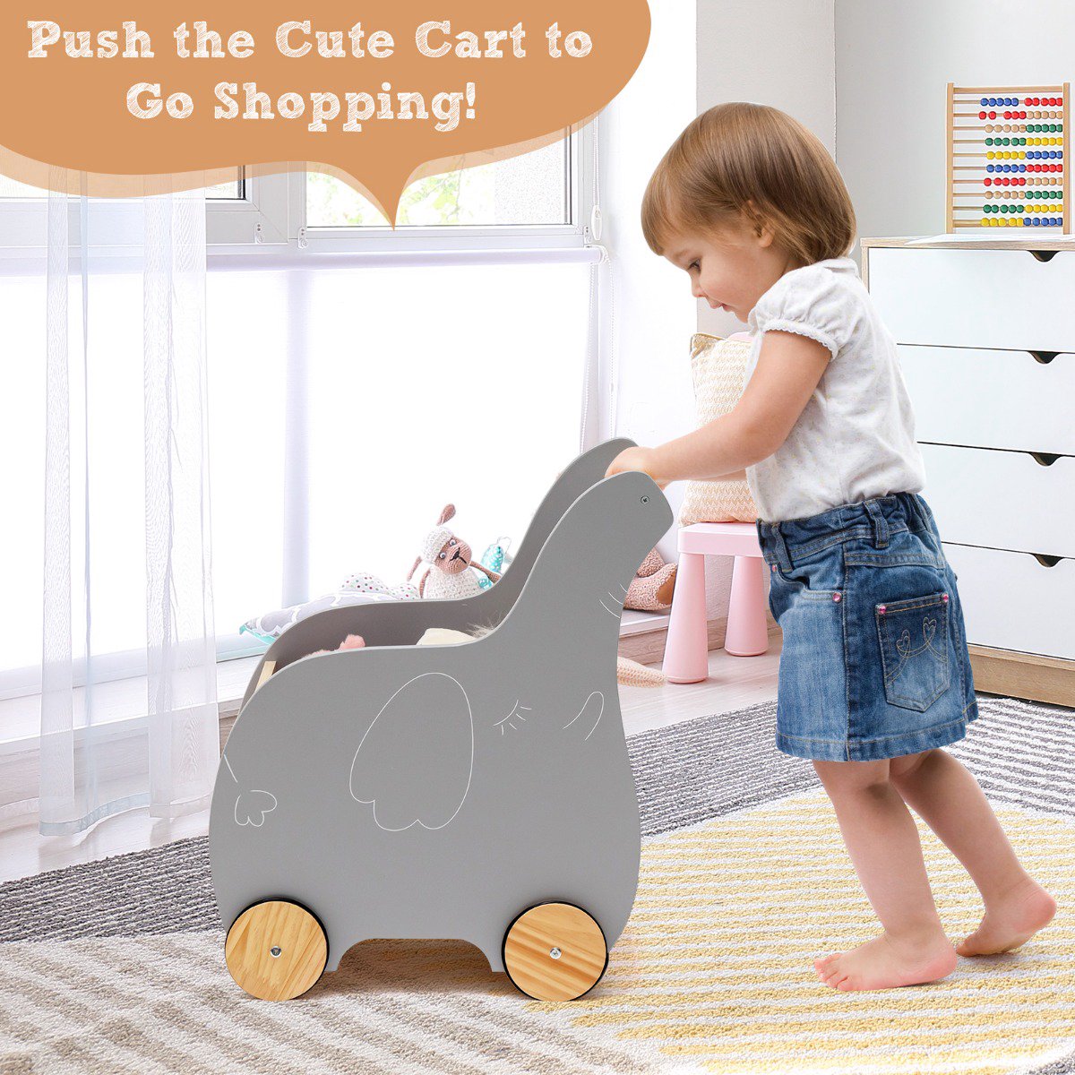 Kids Wooden Shopping Cart, Rubber Wheels, Age 3+