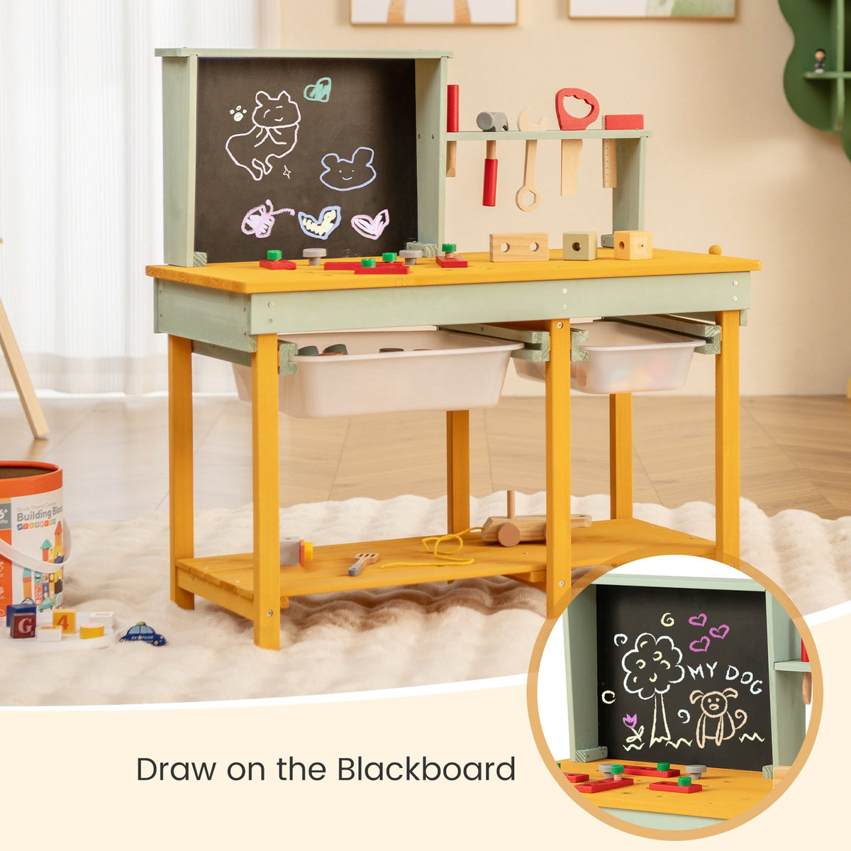 Kids Wooden Workbench Set, Storage Bins, Blackboard, 16 Tools