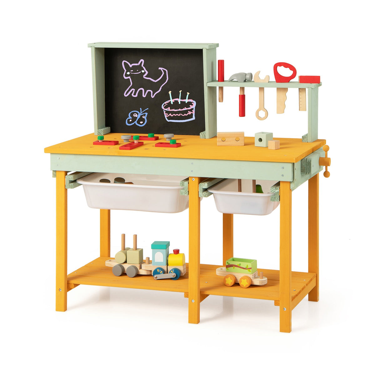 Kids Wooden Workbench Set, Storage Bins, Blackboard, 16 Tools