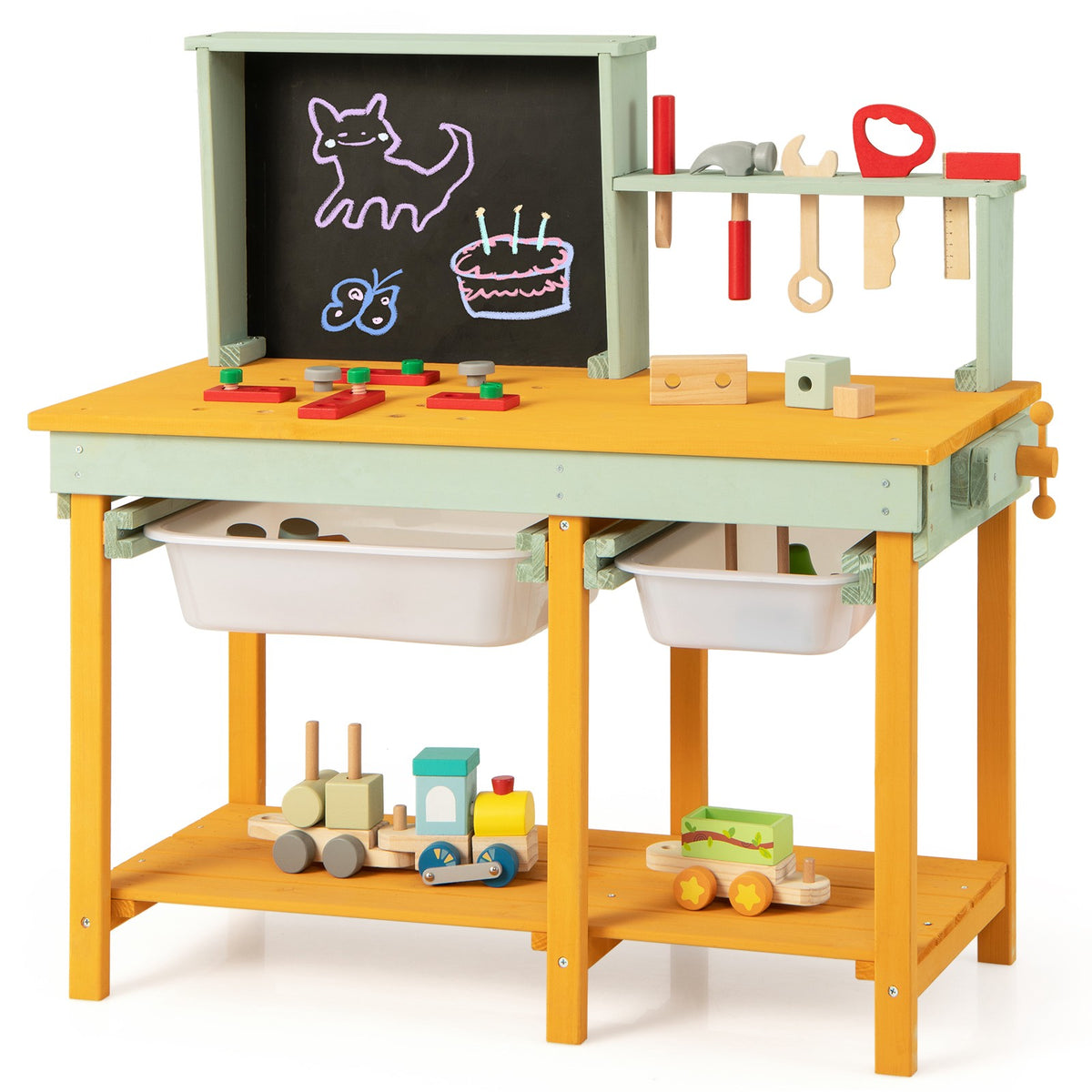 Kids Wooden Workbench Set, Storage Bins, Blackboard, 16 Tools