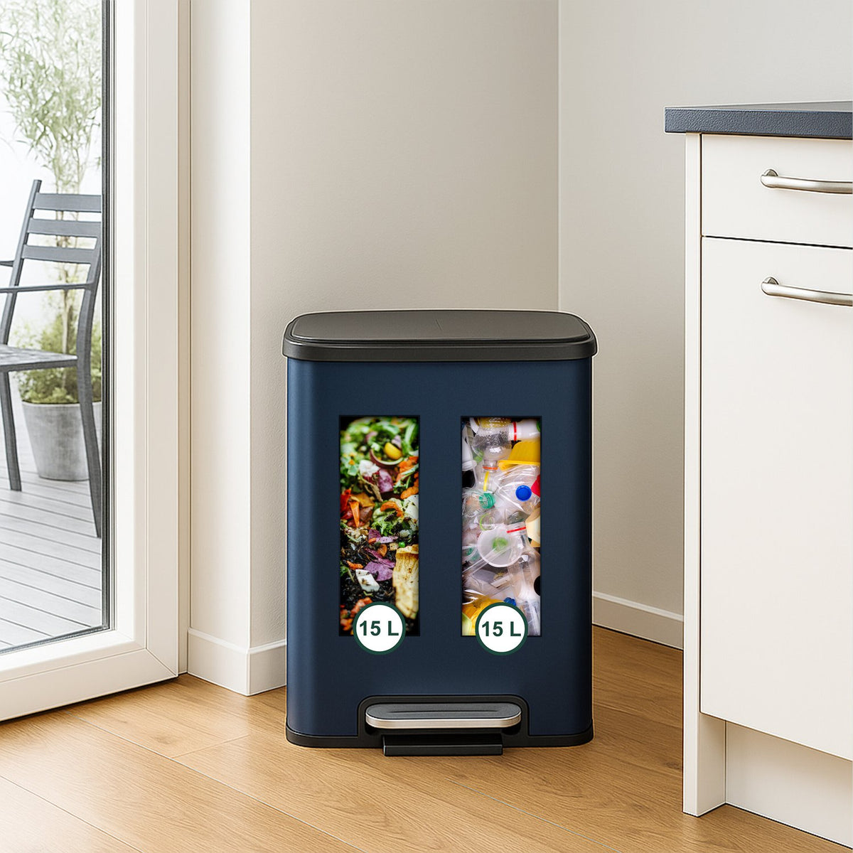 Kitchen Bin, Dual Compartment, 15L Capacity