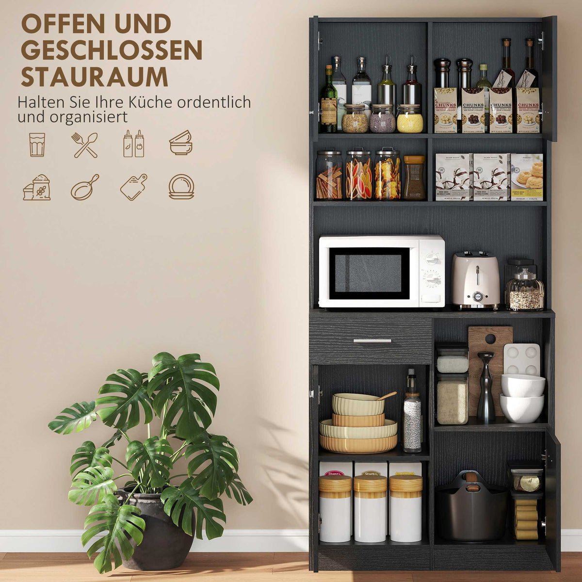 Kitchen Buffet Cabinet, Soft-Close Doors, 80x35x180 cm, Black