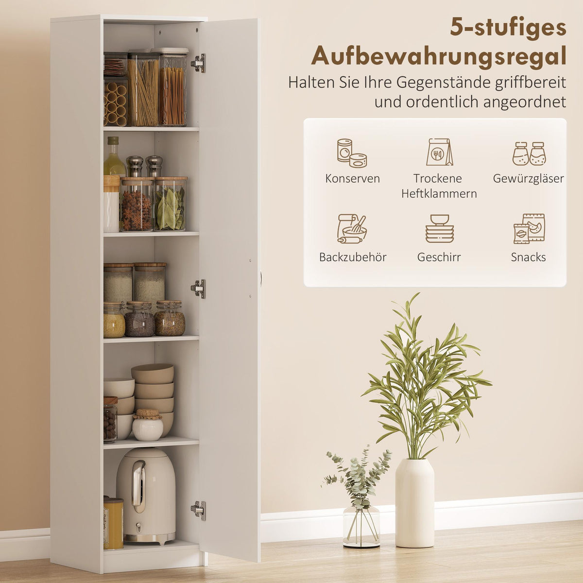 Kitchen Cabinet, 5-Tier Adjustable Shelves, White Wood