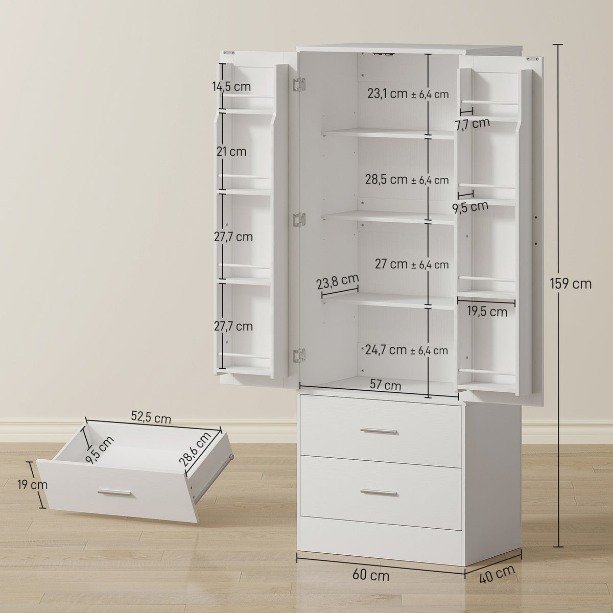 Kitchen Cabinet, Adjustable Shelves, 2 Drawers, White MDF