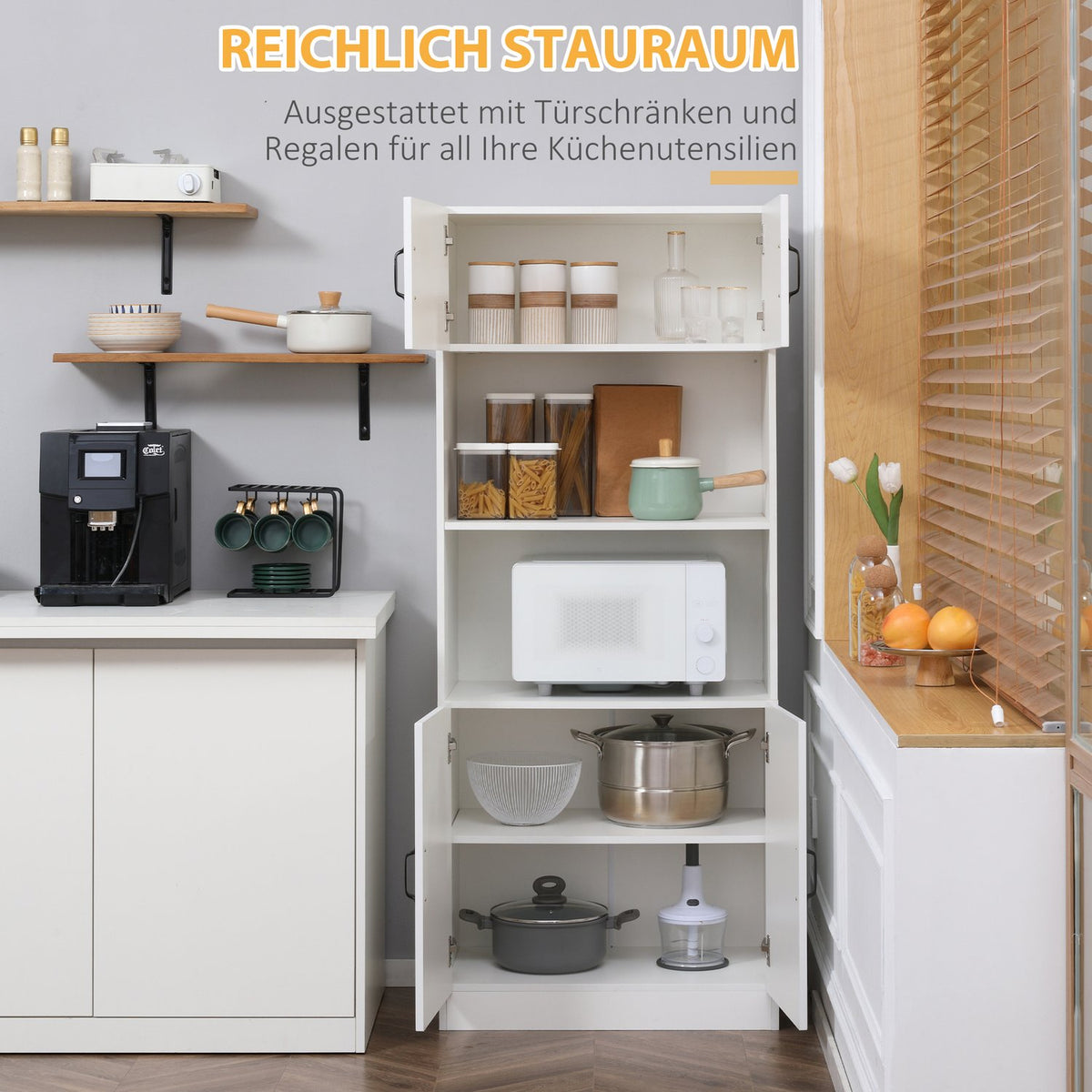 Kitchen Cabinet Kitchen Buffet Tall Cabinet With 2 Shelves And 2 Cupboards With Adjustable Shelves Microwave Shelf Anti-Tip Strap