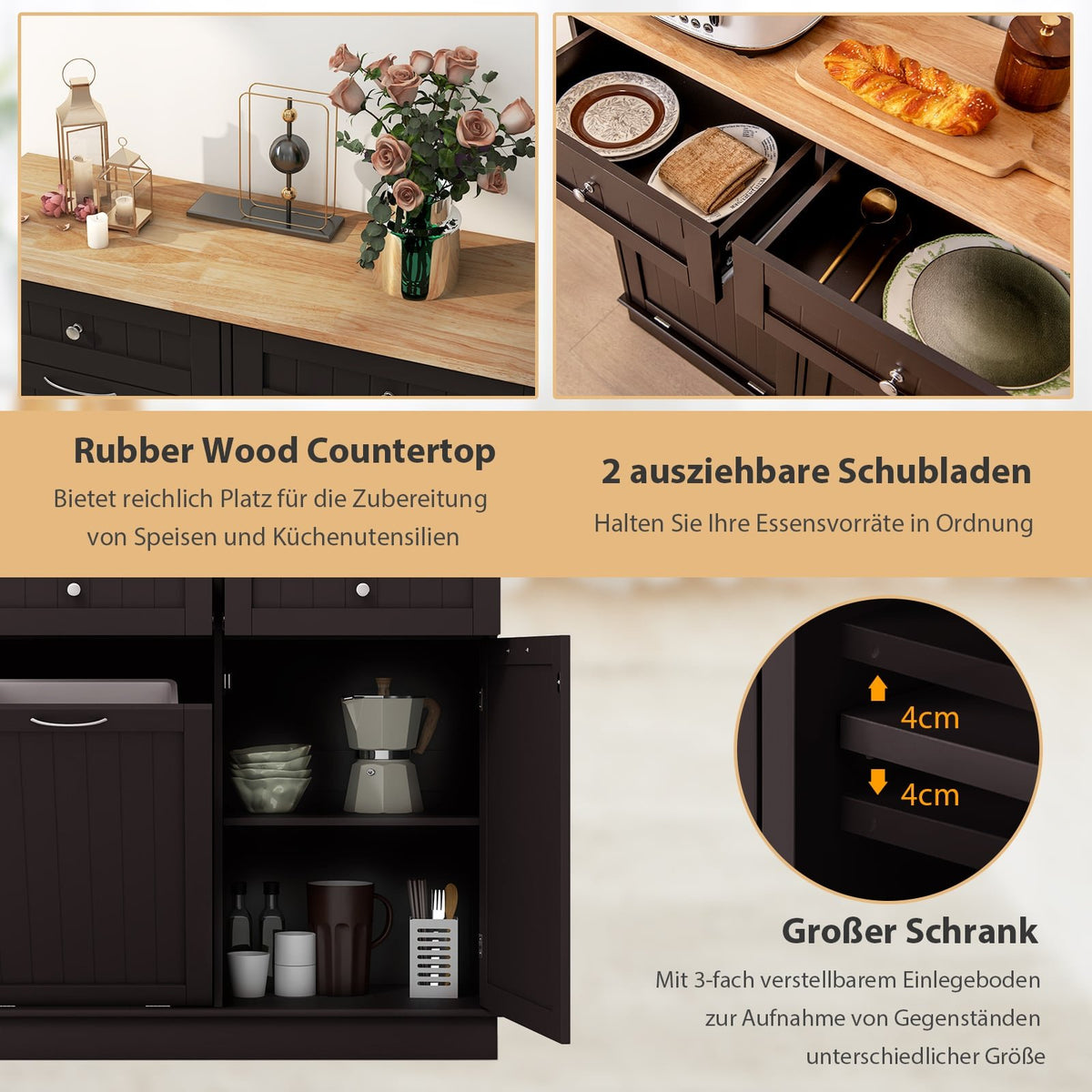 Kitchen Cabinet for 42L Trash Bin with Drawers & Shelf