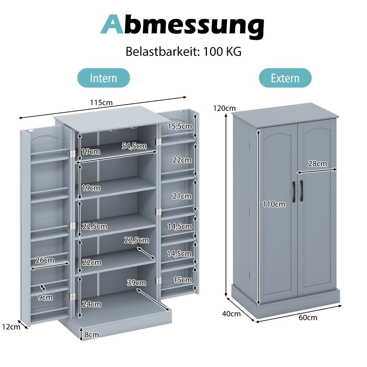 Kitchen Cabinet with 2 Doors & Adjustable Shelves, Gray