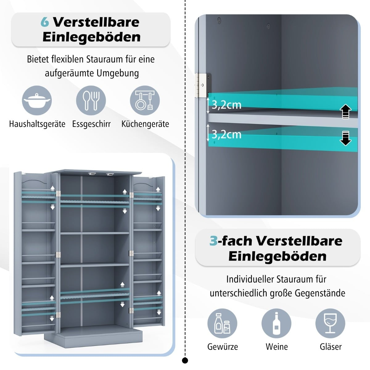 Kitchen Cabinet with 2 Doors & Adjustable Shelves, Gray