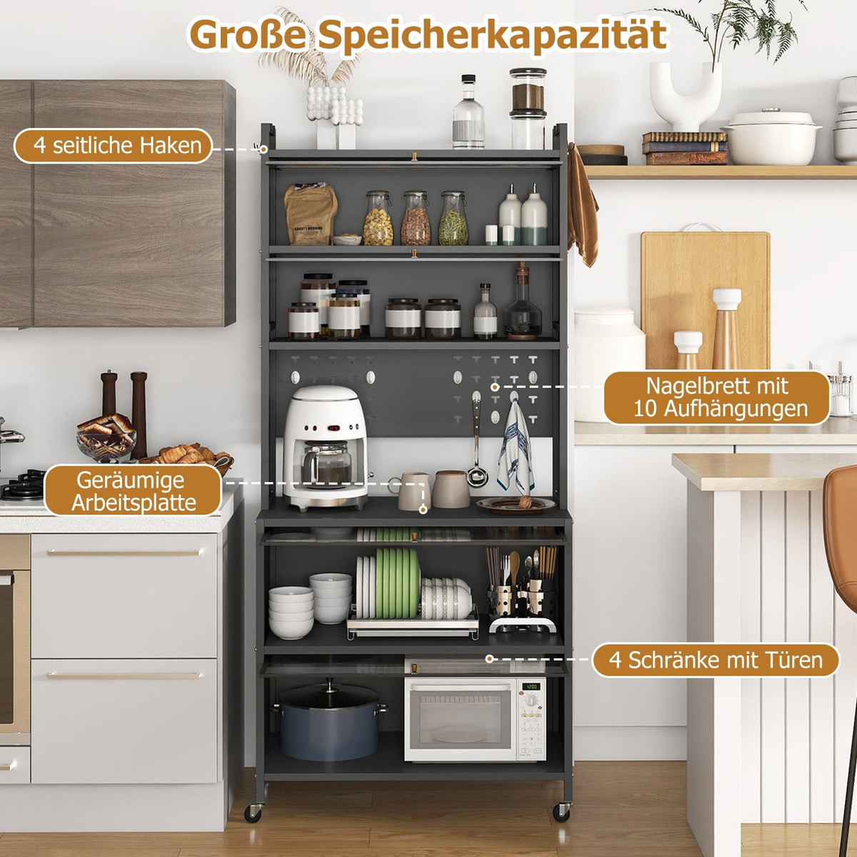 Kitchen Cabinet with 6 Shelves, Gray, Microwave Shelf