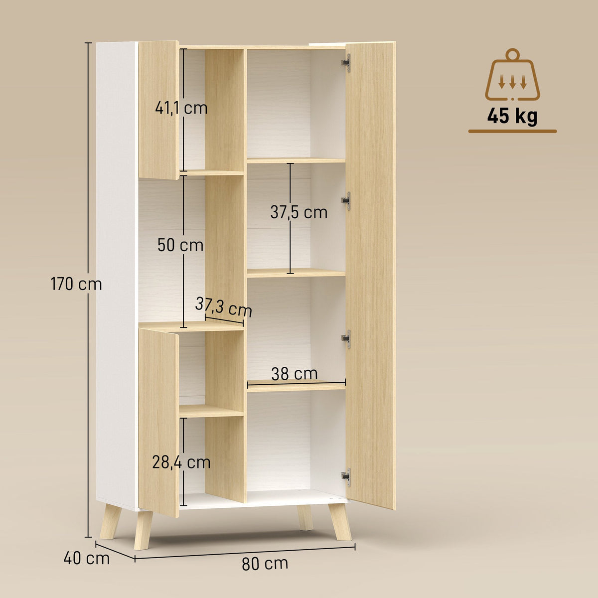 Kitchen Cabinet with Adjustable Shelves, 170 cm, Natural Wood