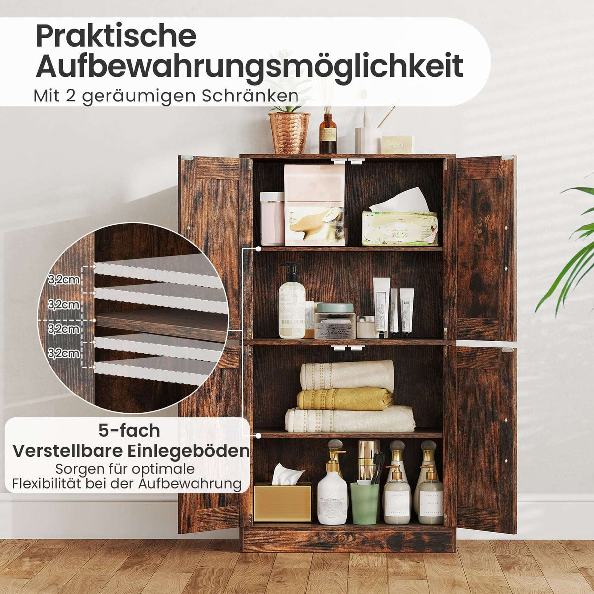 Kitchen Cabinet with Adjustable Shelves, 4 Doors, Brown
