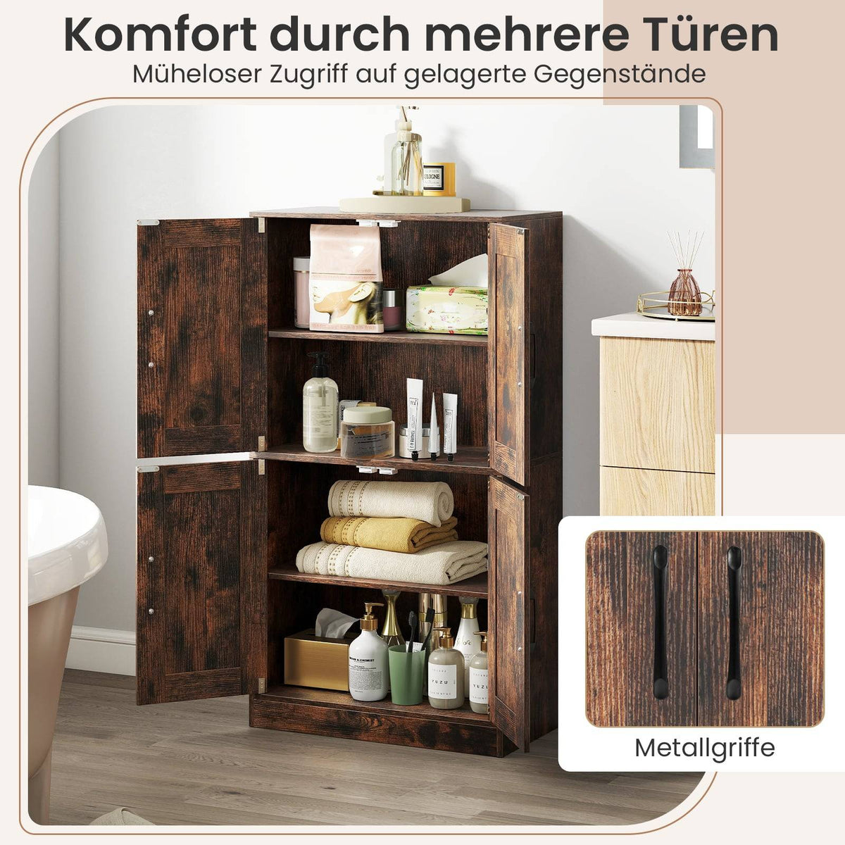 Kitchen Cabinet with Adjustable Shelves, 4 Doors, Brown