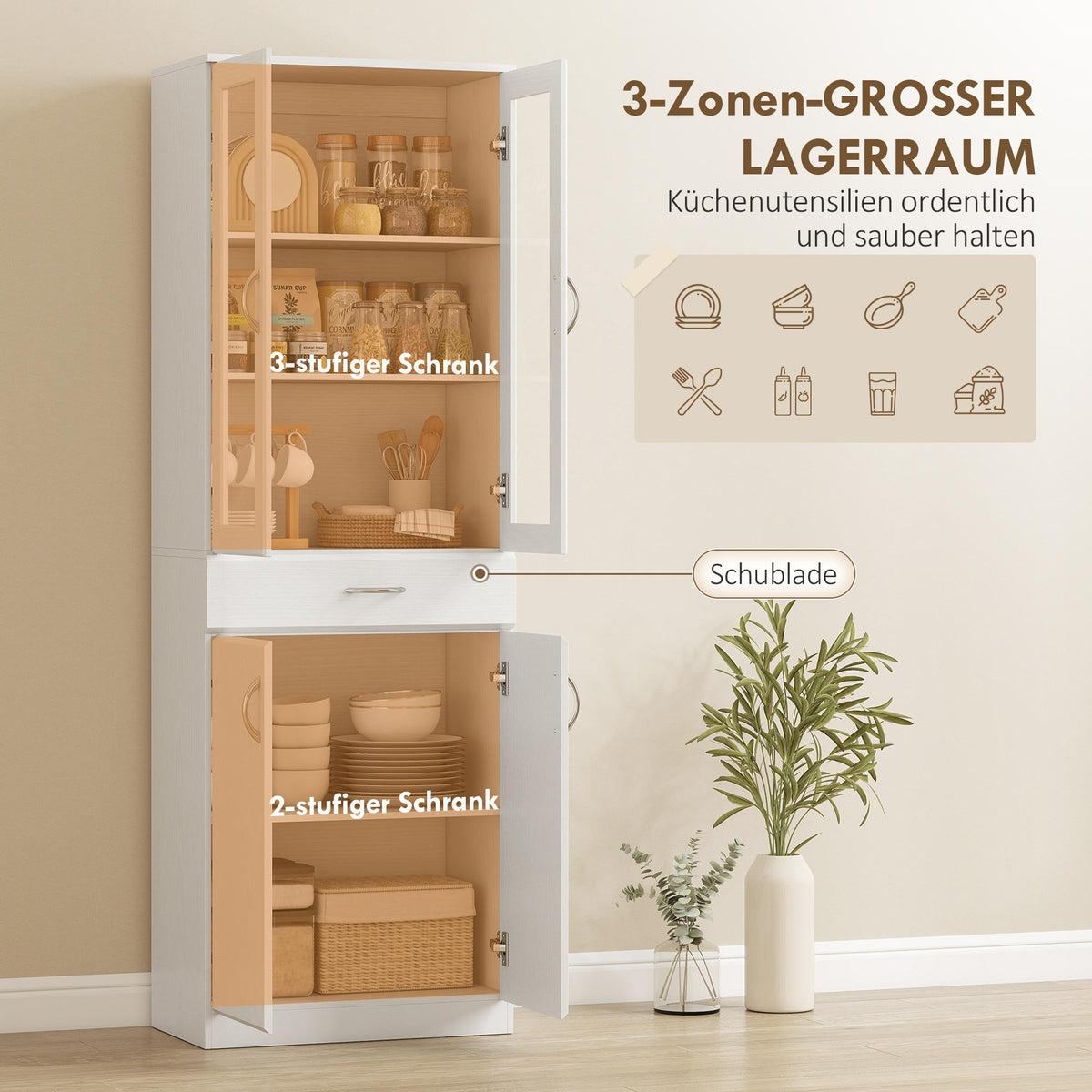 Kitchen Cabinet with Adjustable Shelves, Drawer, Glass Door, White, 60x35x180 cm