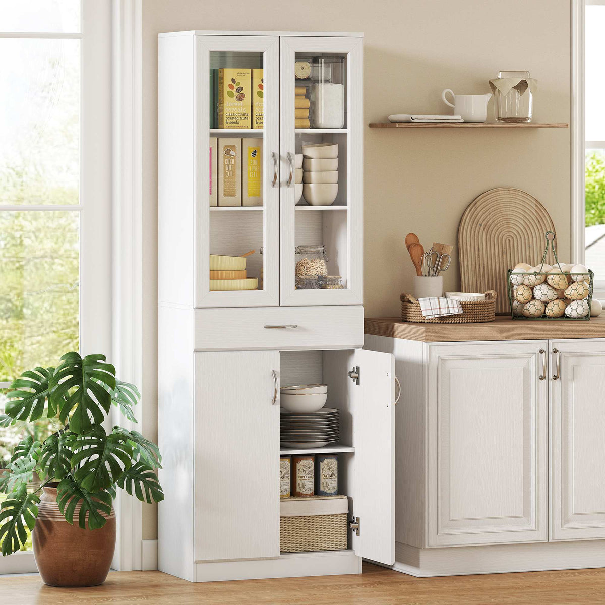 Kitchen Cabinet with Adjustable Shelves, Drawer, Glass Door, White, 60x35x180 cm