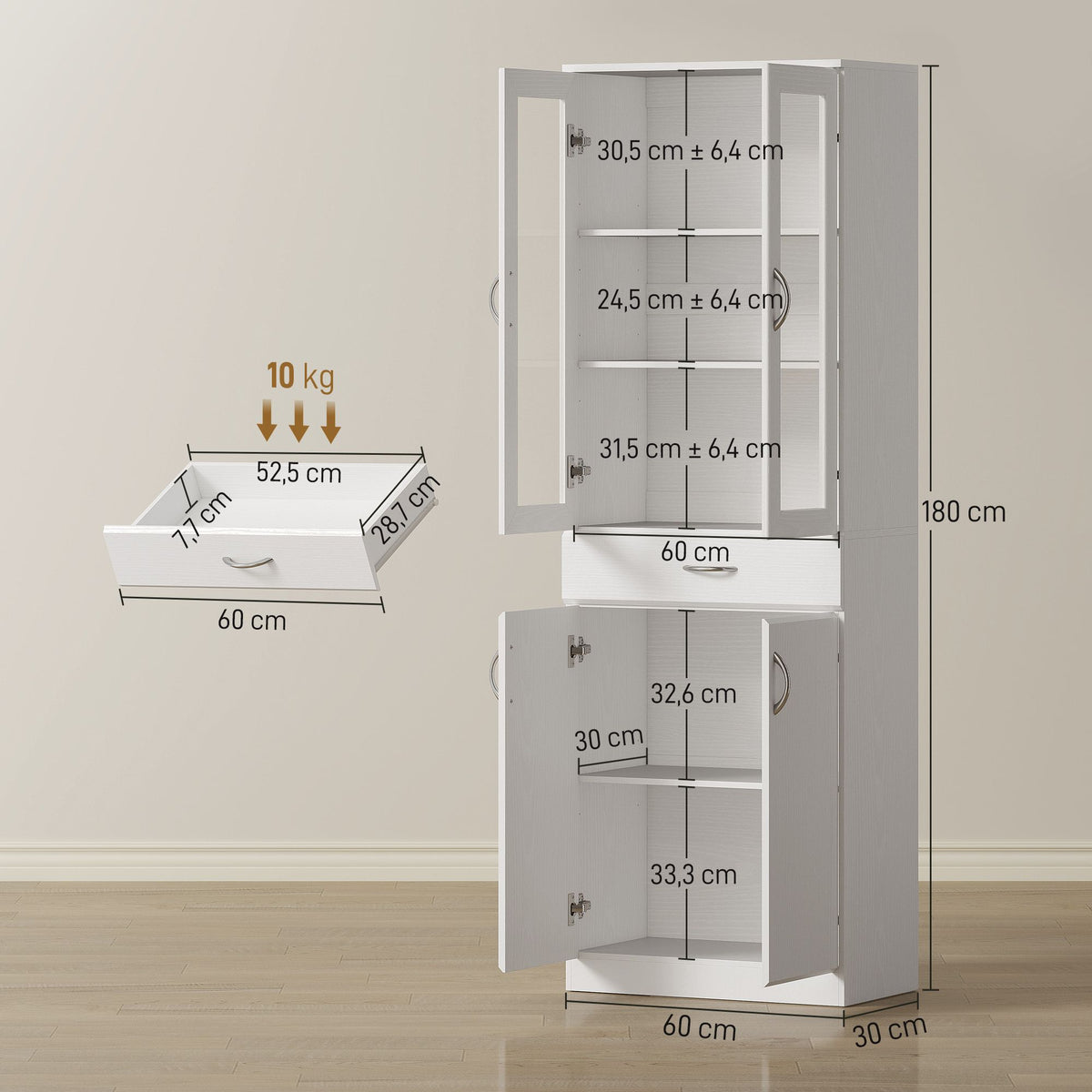 Kitchen Cabinet with Adjustable Shelves, Drawer, Glass Door, White, 60x35x180 cm