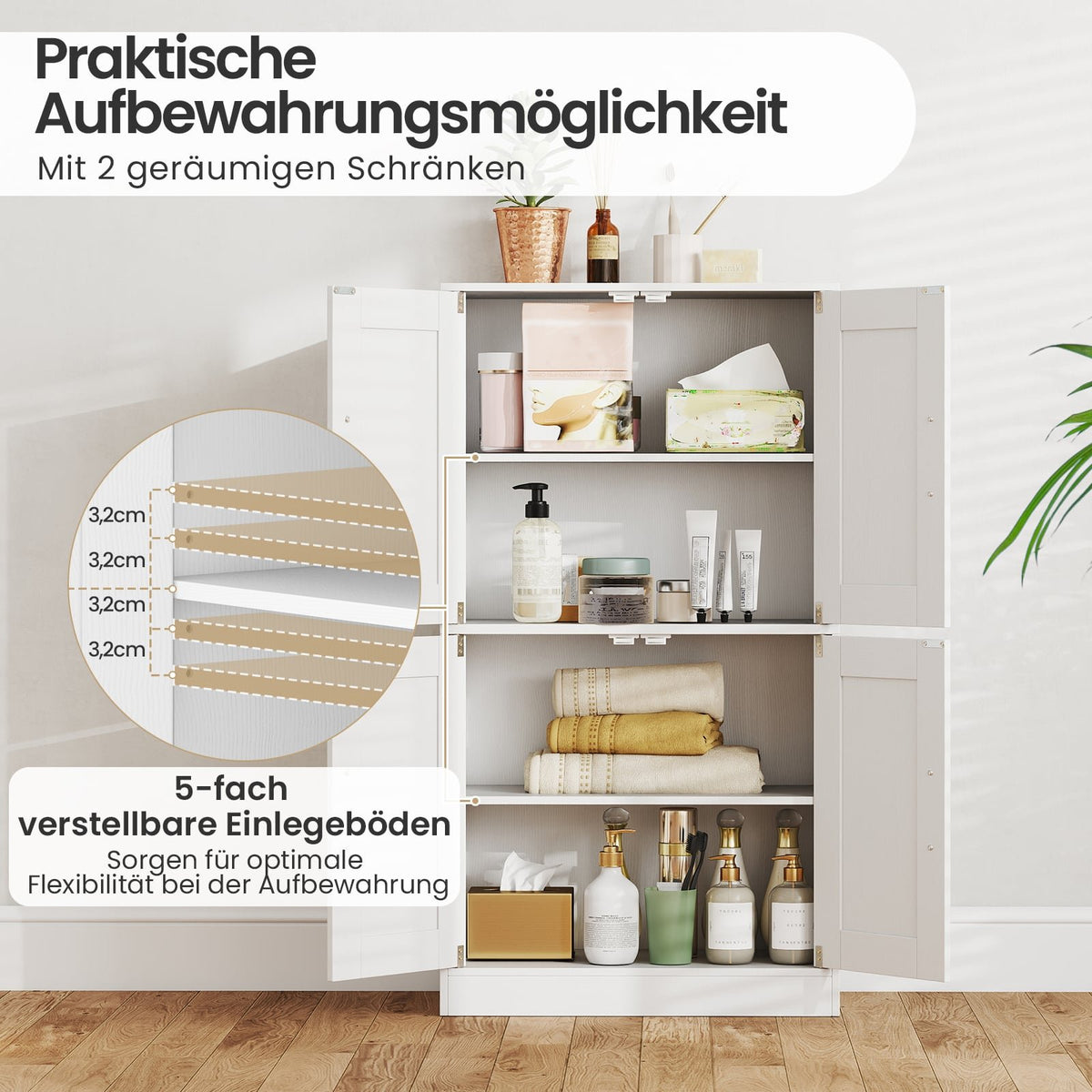 Kitchen Cabinet with Adjustable Shelves – White, 4 Doors