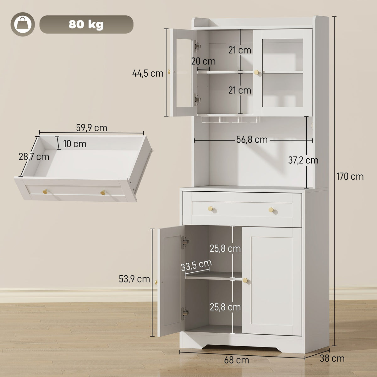 Kitchen Cabinet with Countertop, Wine Glass Holder, 170 cm, MDF, White