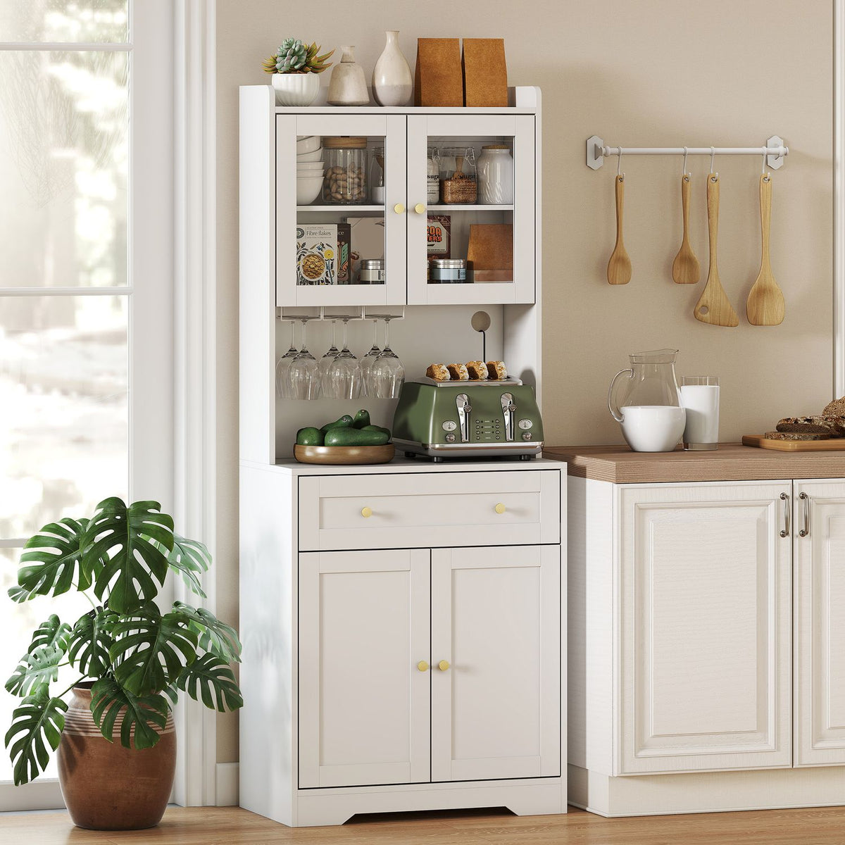 Kitchen Cabinet with Countertop, Wine Glass Holder, 170 cm, MDF, White