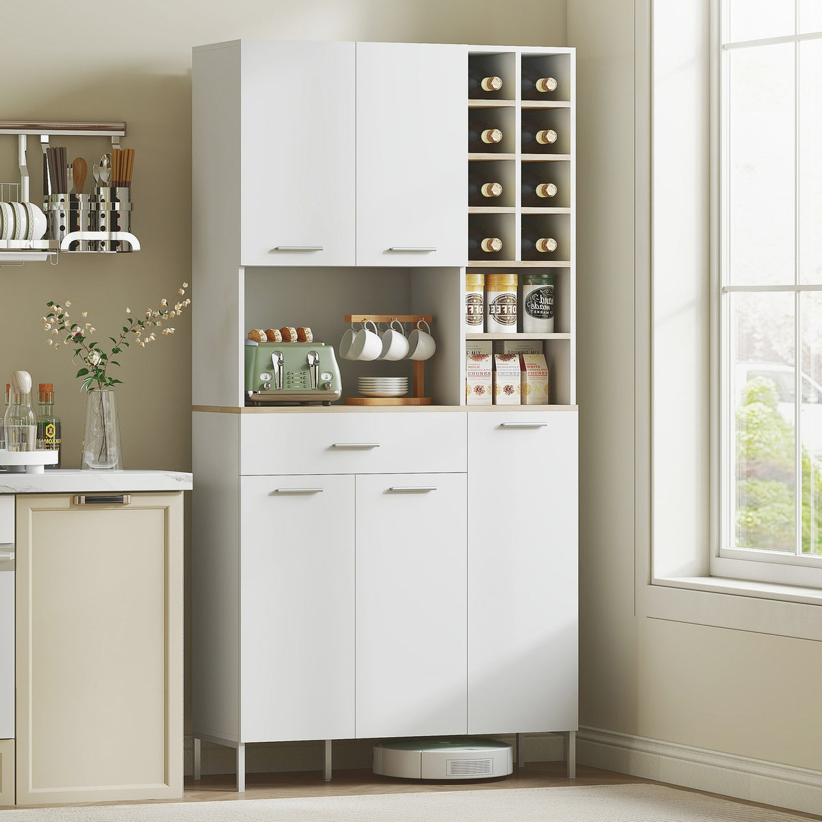 Kitchen Cabinet with Open Shelves, Wine Rack, White MDF